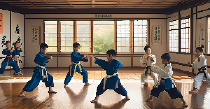 A group of diverse children practicing martial arts in a dojo, showcasing their focused expressions and synchronized movements.