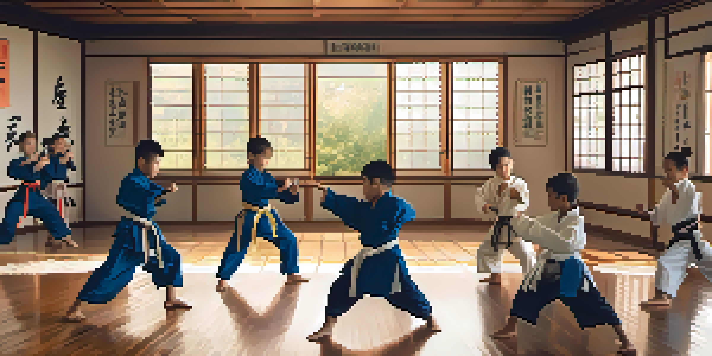 A group of diverse children practicing martial arts in a dojo, showcasing their focused expressions and synchronized movements.