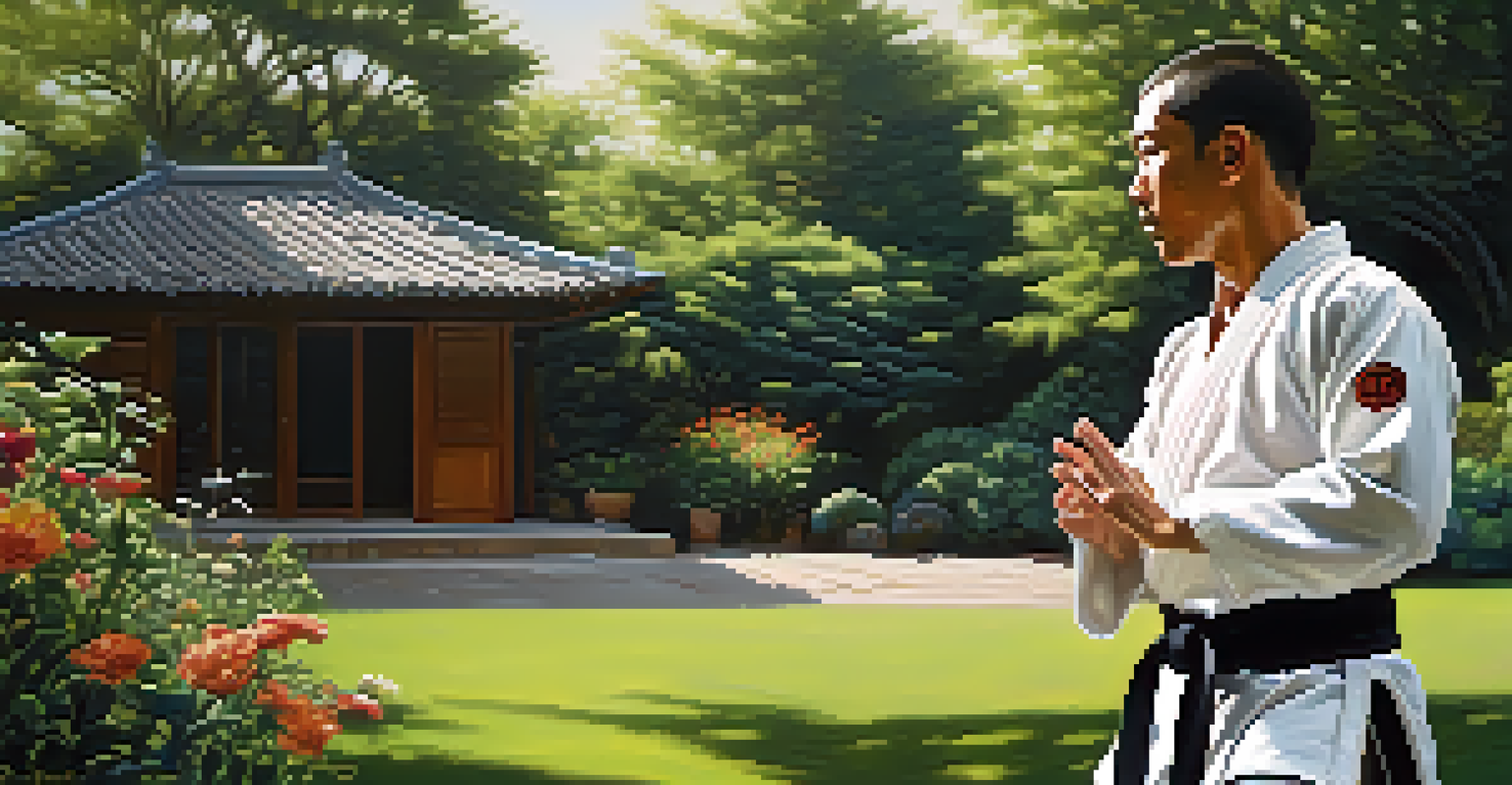 Martial artist practicing in a backyard garden, showcasing focus and technique under soft sunlight.