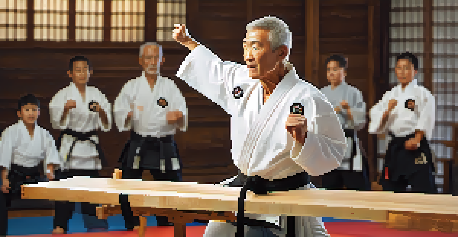 An older adult breaking a wooden board in a martial arts class, showing focus and determination, with an instructor applauding in the background.
