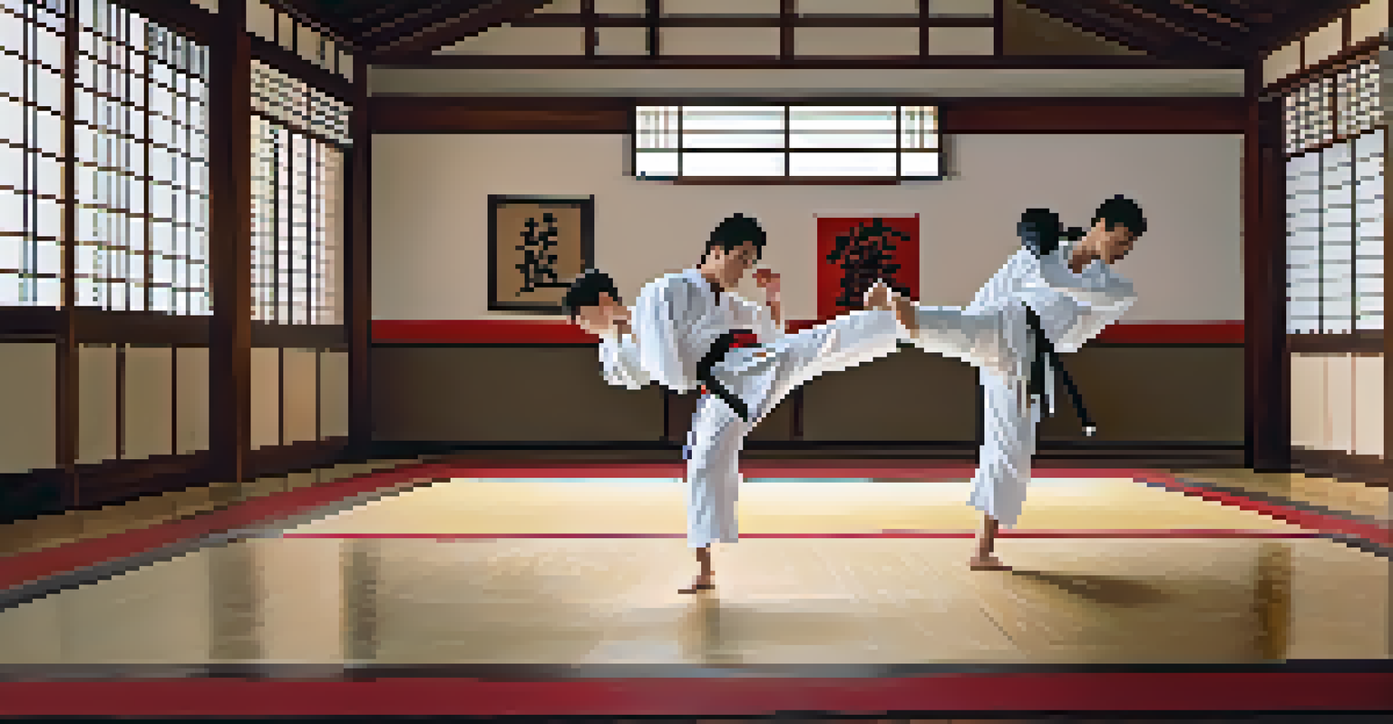 Two martial artists sparring in a dojo, showcasing an intense moment of skill and discipline.