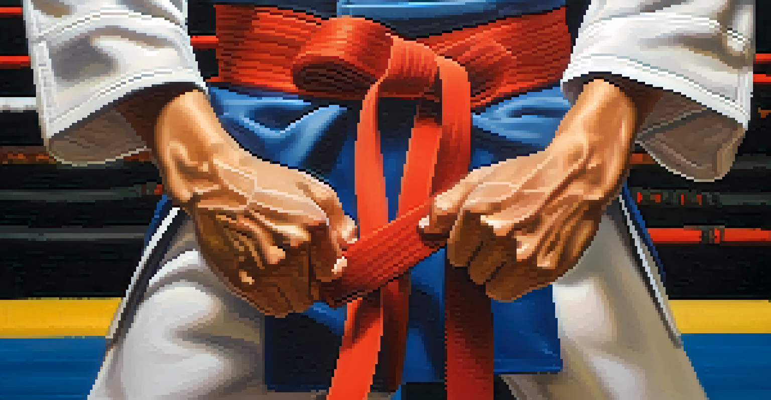 A close-up of a martial artist's hand gripping a colored belt, with a blurred dojo background highlighting a sense of achievement.