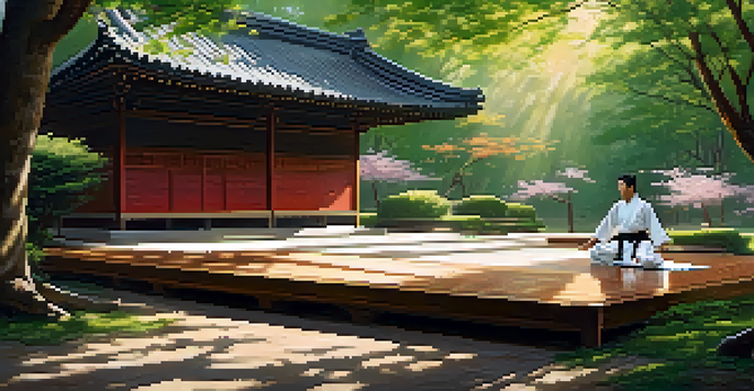 A martial artist practicing Tai Chi in a beautiful outdoor dojo surrounded by nature during early morning.