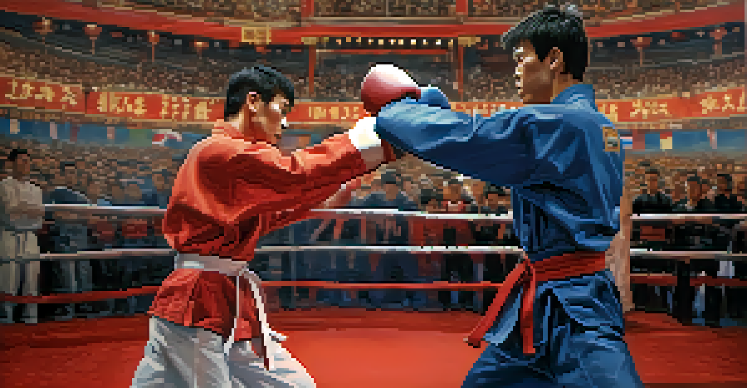 Two martial artists sparring in an international competition, with flags from different countries in the background.