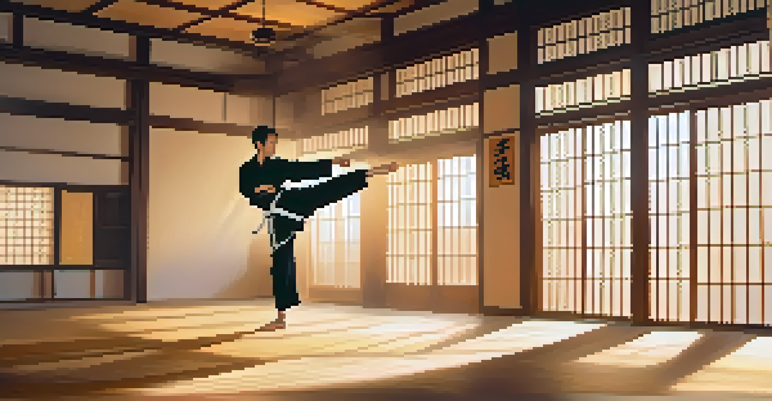 A martial artist performing a high kick in a sunlit dojo with wooden floors and traditional decorations.