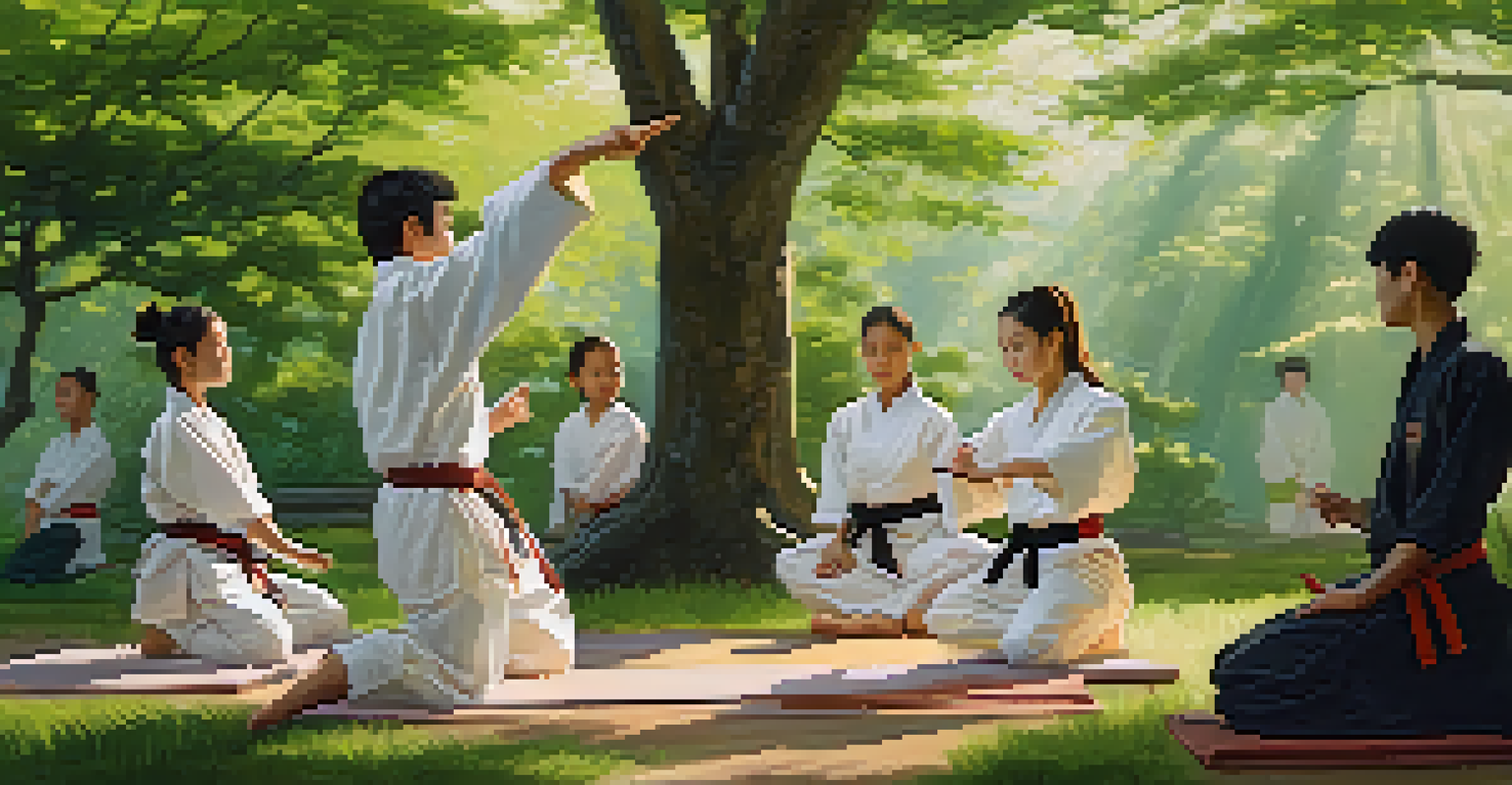 An instructor demonstrating a martial arts move to students in a serene outdoor setting surrounded by greenery.