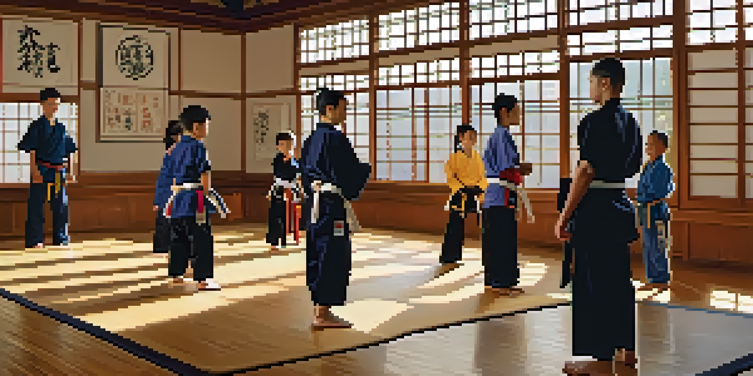 A peaceful dojo with diverse martial arts students training together, surrounded by cultural artifacts and warm sunlight.