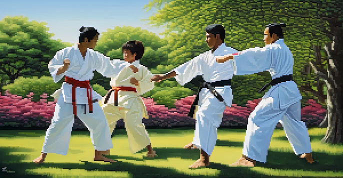 A diverse group of martial artists practicing together outdoors in a sunny park, showcasing different traditional martial arts styles.