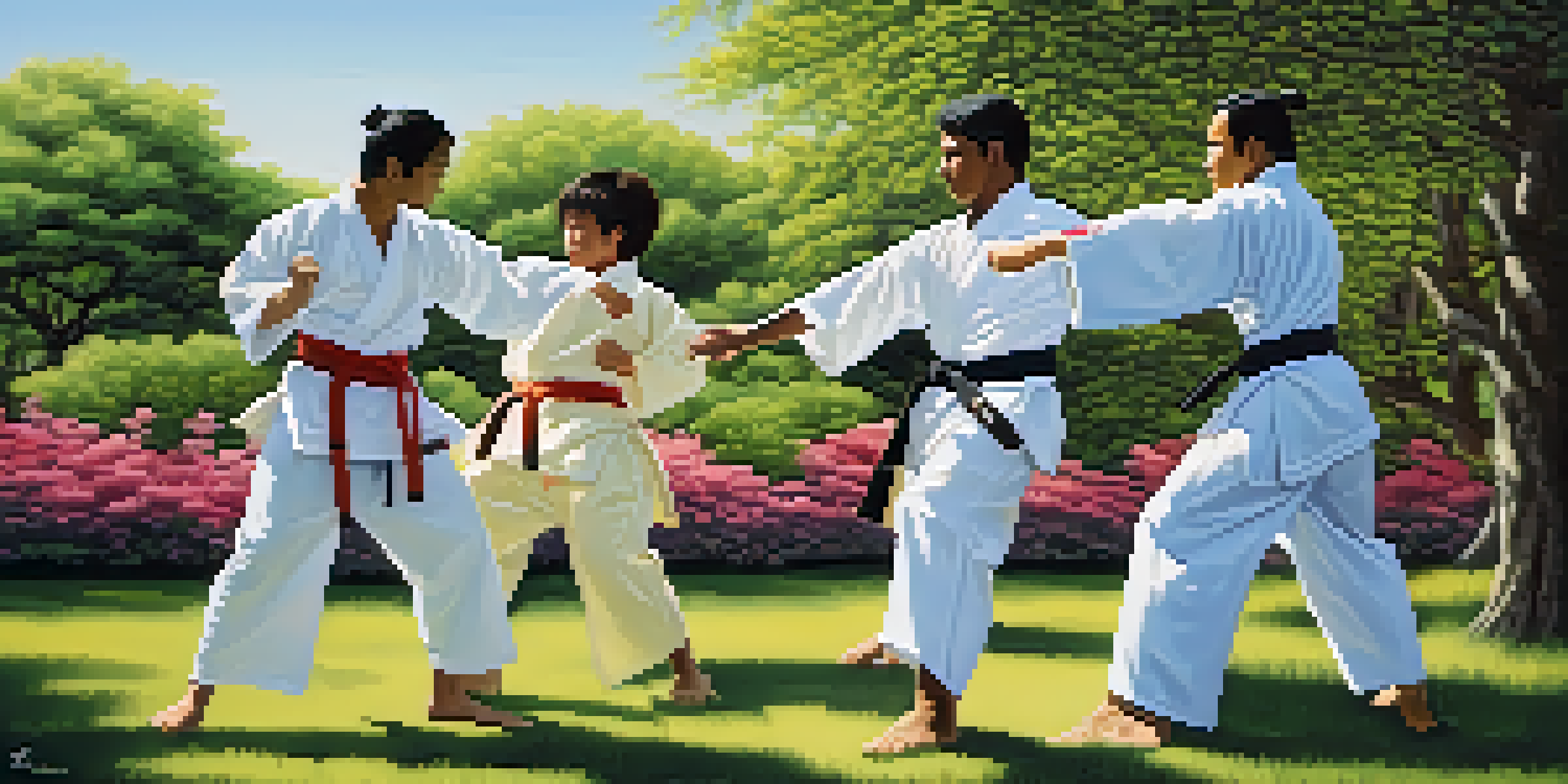 A diverse group of martial artists practicing together outdoors in a sunny park, showcasing different traditional martial arts styles.