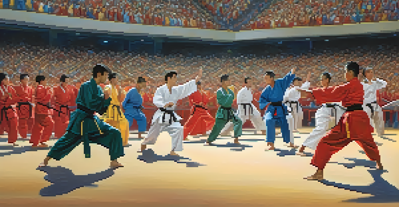Martial arts competition with athletes in colorful uniforms performing techniques in an arena.