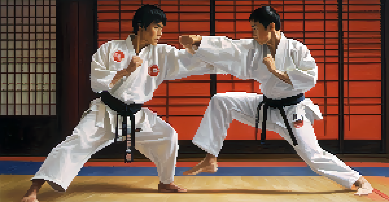 Close-up of two martial artists practicing partner training, showing focus and empathy in a dojo environment.