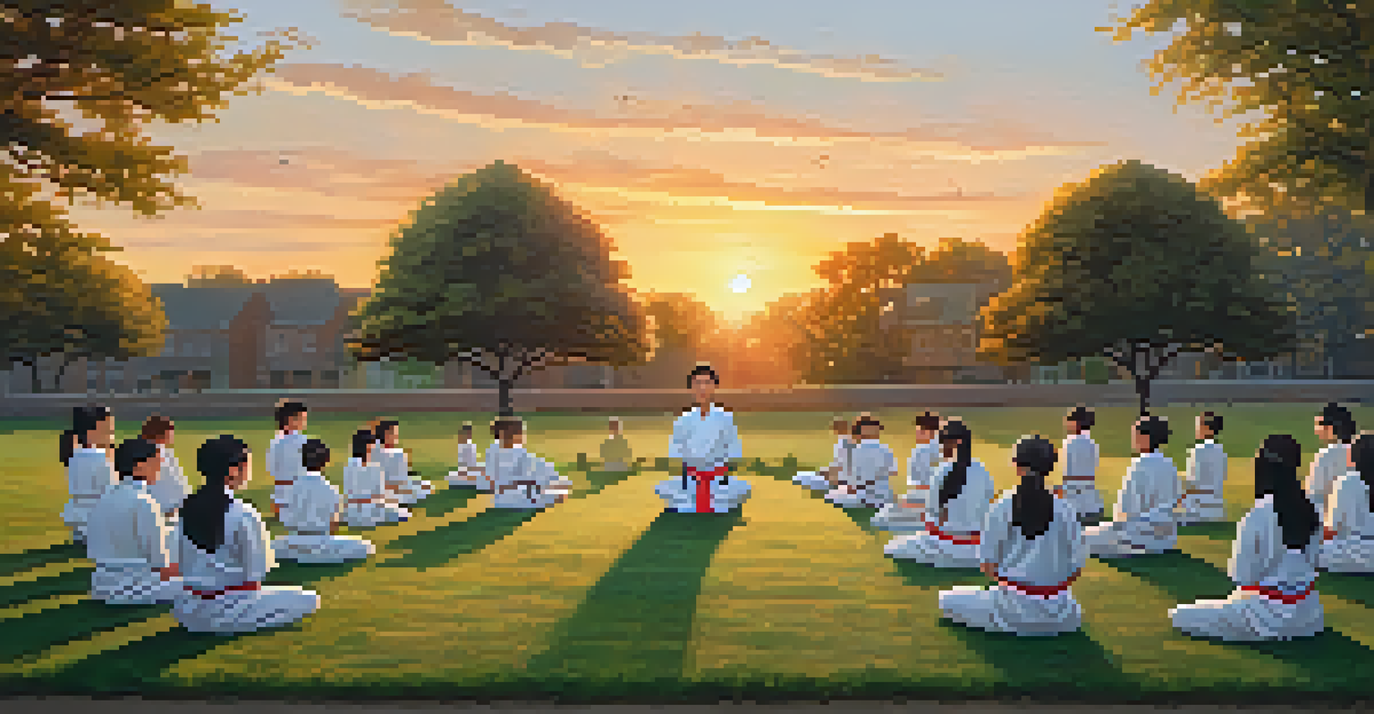 Students practicing martial arts in a park during sunset, surrounded by nature and creating a sense of community.