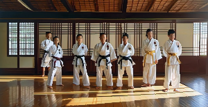 A tranquil dojo with martial artists practicing in colorful uniforms under soft morning light.