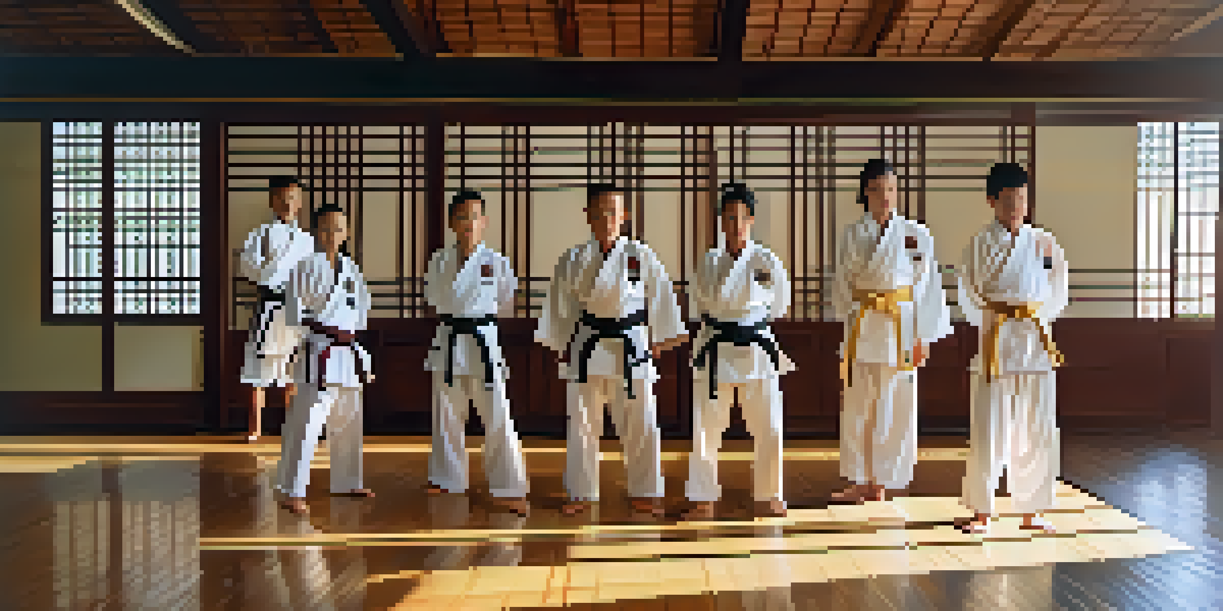 A tranquil dojo with martial artists practicing in colorful uniforms under soft morning light.