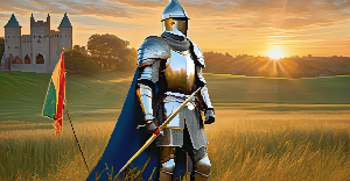 A medieval knight in shining armor stands on a grassy field, with a sunset behind him and a colorful banner waving.