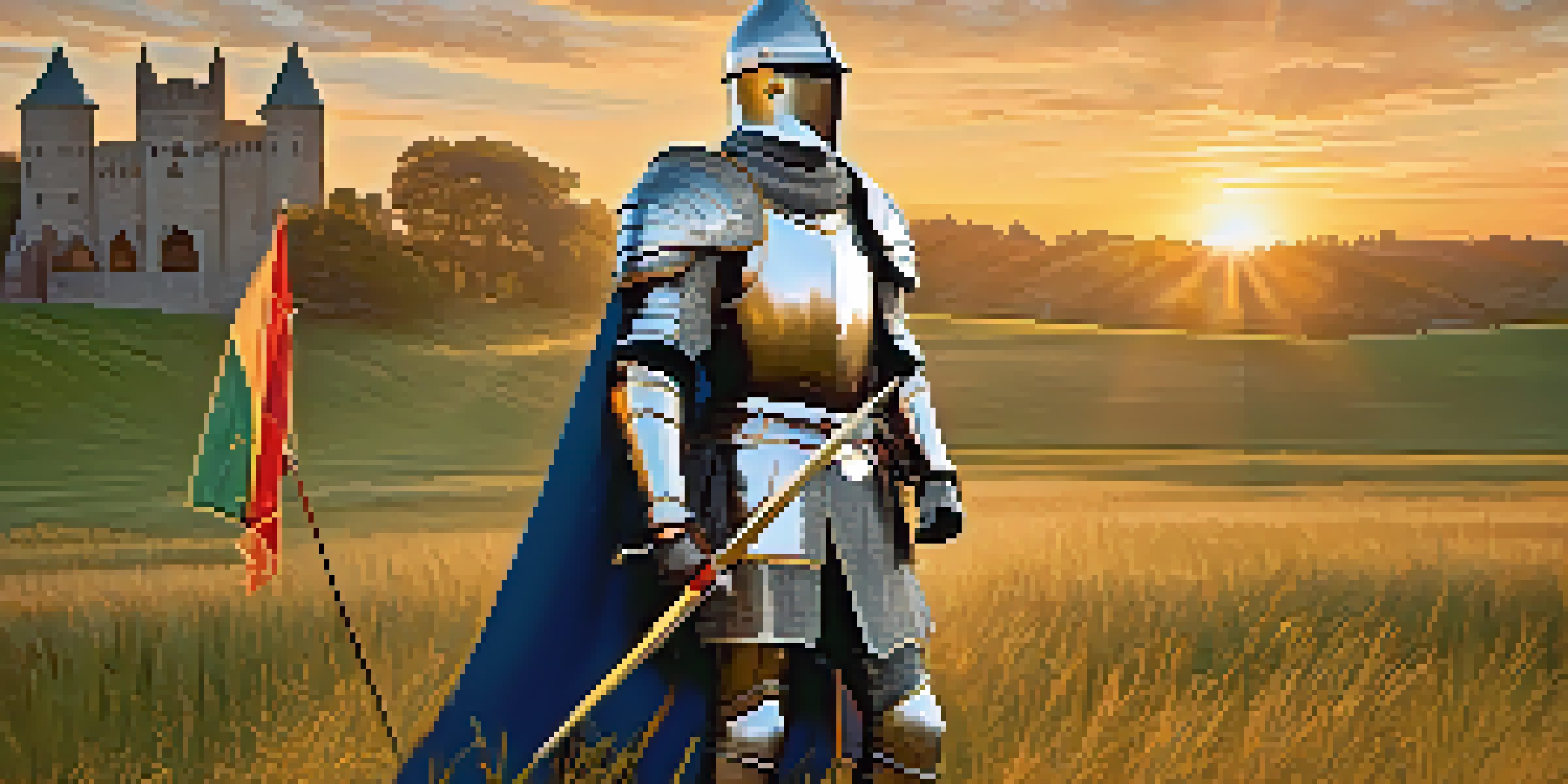A medieval knight in shining armor stands on a grassy field, with a sunset behind him and a colorful banner waving.