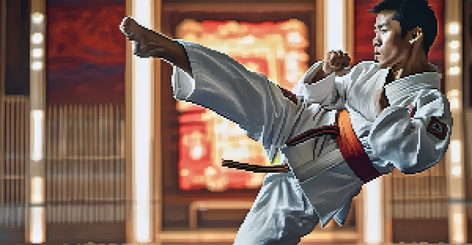 A martial artist performing a high kick in traditional attire, with a focused expression and dynamic movement captured.