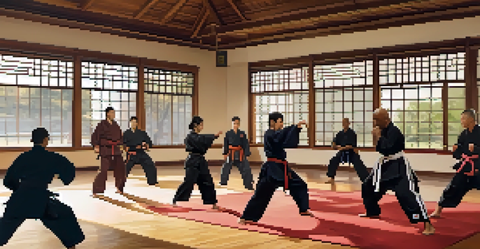 A diverse group of martial arts practitioners training in a peaceful dojo with wooden floors and natural light.