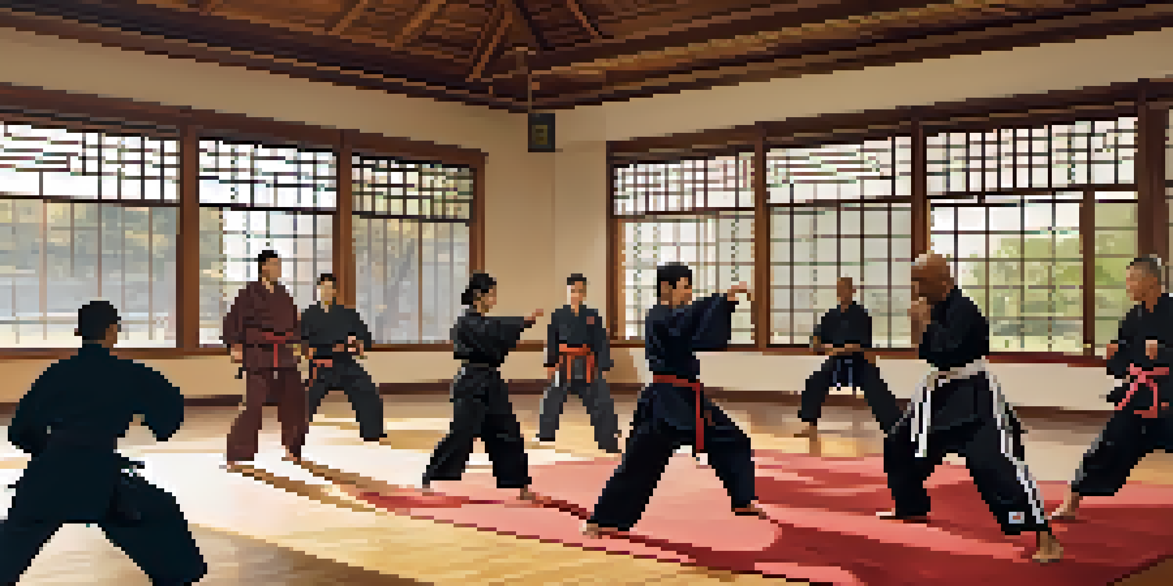A diverse group of martial arts practitioners training in a peaceful dojo with wooden floors and natural light.
