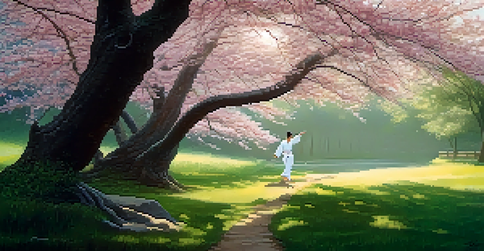A martial arts practitioner performing tai chi in a peaceful park with cherry blossoms and soft morning light.