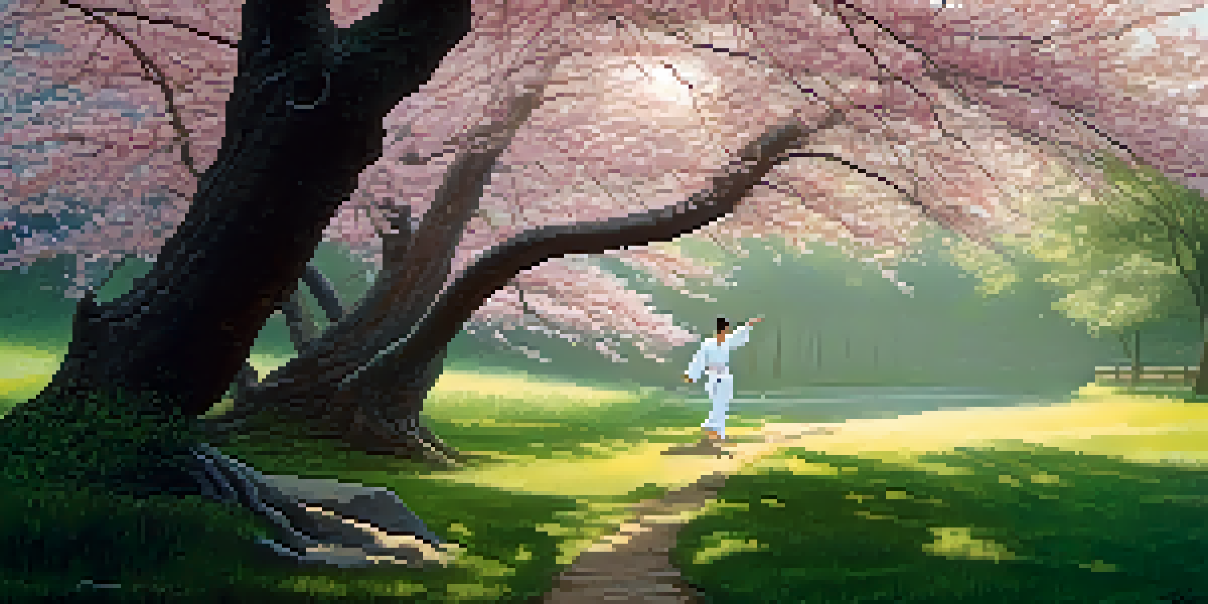 A martial arts practitioner performing tai chi in a peaceful park with cherry blossoms and soft morning light.