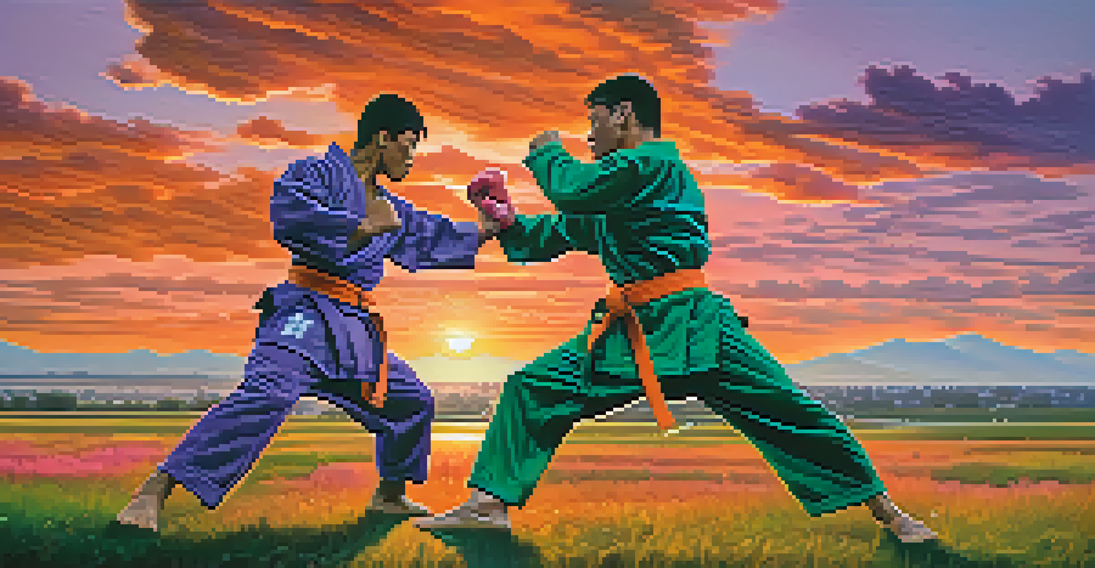 Two martial artists sparring outdoors during a vibrant sunset with intense expressions.