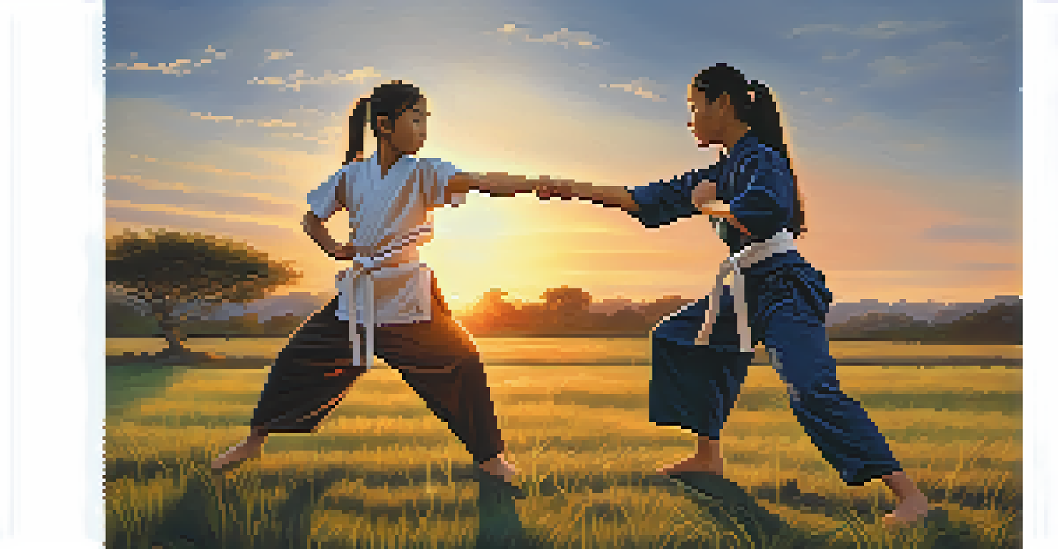 A young girl practicing martial arts with her female instructor outdoors during sunset, symbolizing empowerment.