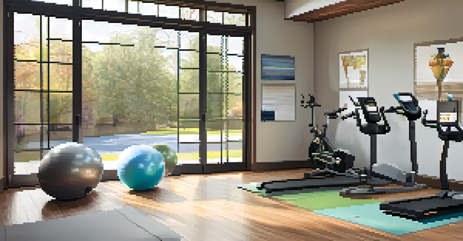 A bright and organized home gym with exercise equipment and motivational quotes on the walls, creating an inviting atmosphere for physical activity.