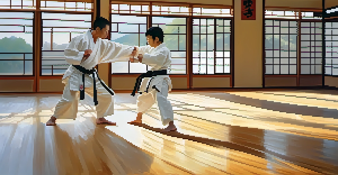 A peaceful martial arts dojo with two young practitioners sparring, showcasing respect and focus in their training.
