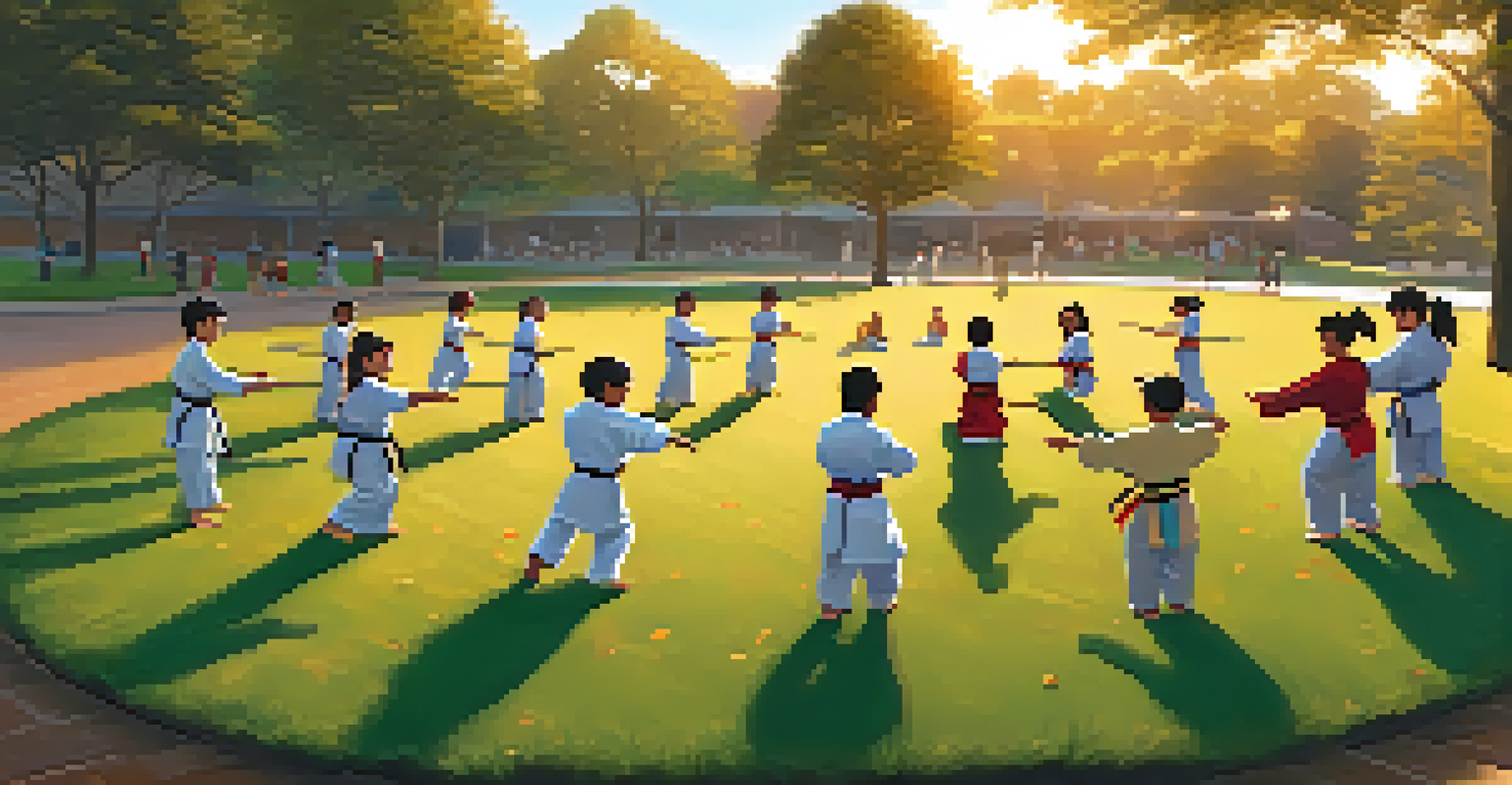 An outdoor martial arts class in a park with children and adults of various abilities participating in a supportive team-building exercise during sunset.