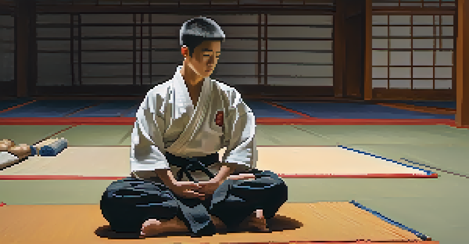 A martial arts student meditating on a mat before a match, surrounded by training equipment in a quiet dojo.