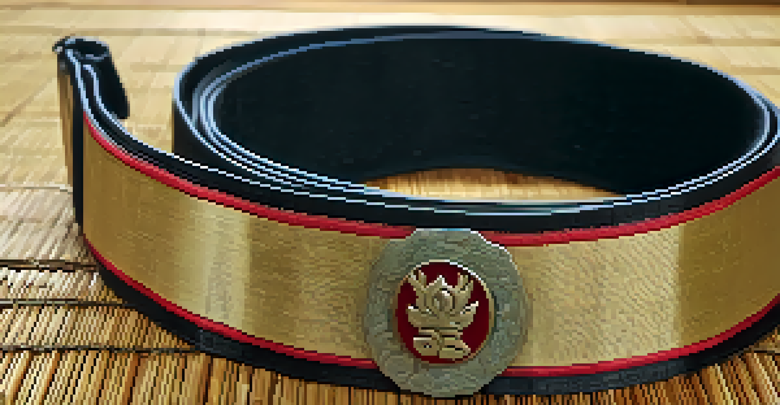 A close-up of a neatly tied martial arts belt on a bamboo mat, symbolizing discipline.