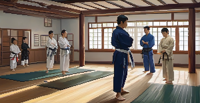 A martial arts instructor monitors students using a smartwatch in a bright dojo, with wooden floors and traditional decorations.