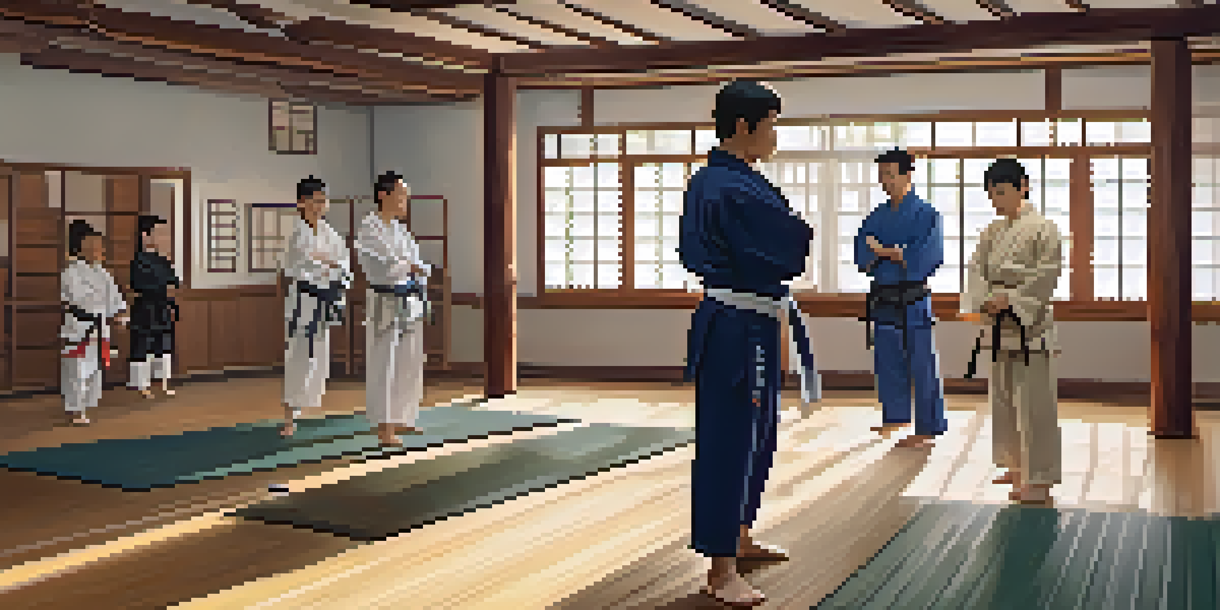 A martial arts instructor monitors students using a smartwatch in a bright dojo, with wooden floors and traditional decorations.