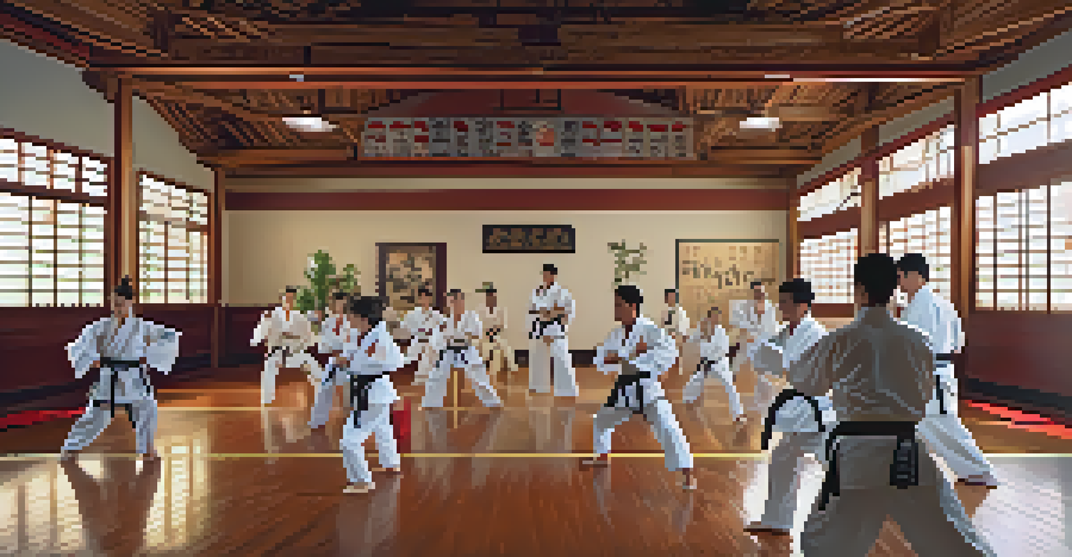 Martial arts students practicing techniques in a lively dojo with an instructor demonstrating in front.