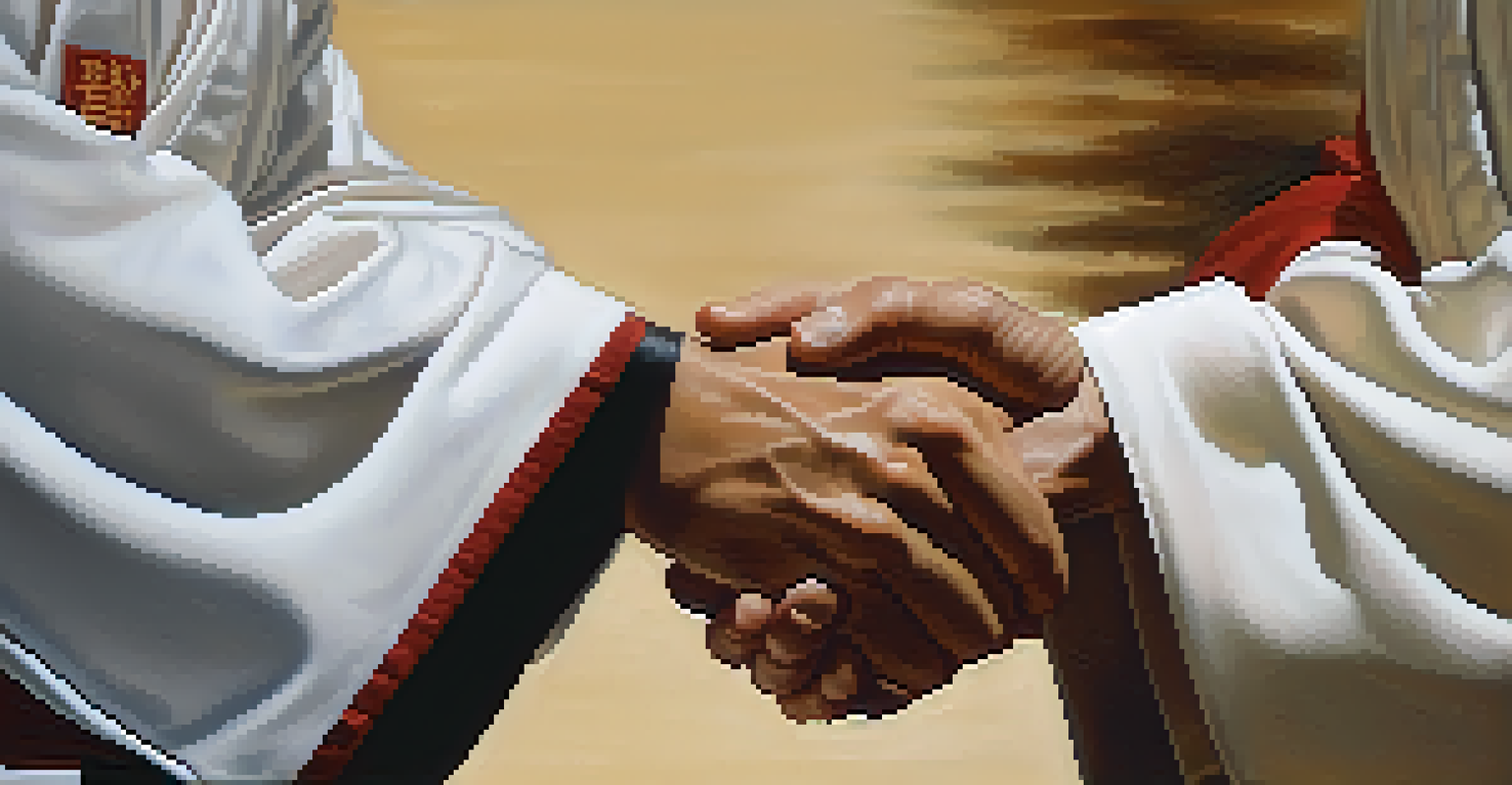 A close-up of hands performing a respectful bow in martial arts, highlighting the importance of discipline and respect.