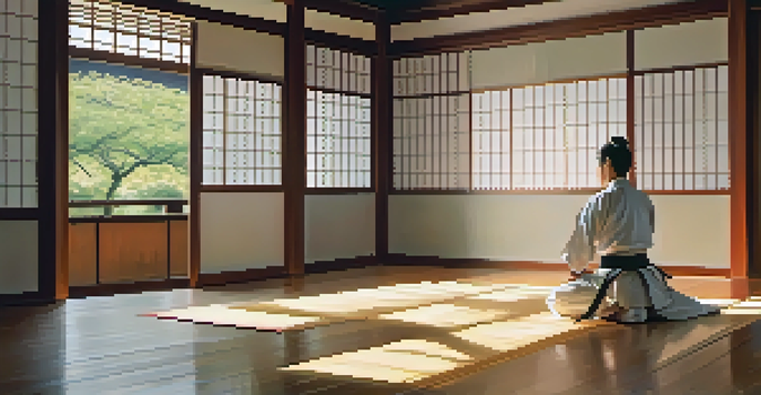 An interior view of a peaceful dojo with a practitioner in a martial arts stance, wooden flooring, and a garden visible through the window.
