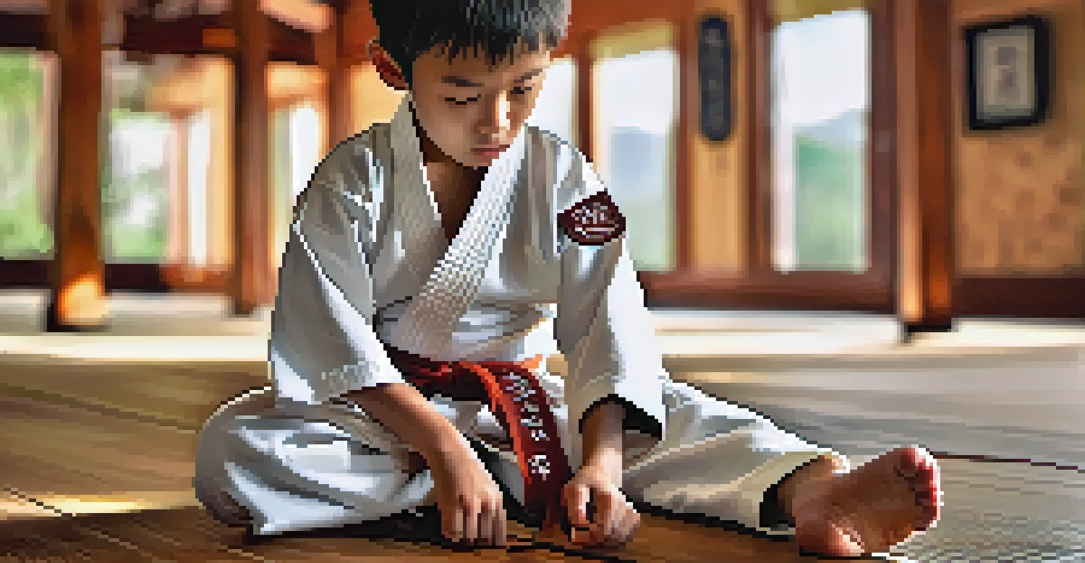 A young martial artist tying their belt in a dojo, showcasing their focused expression and traditional training environment.