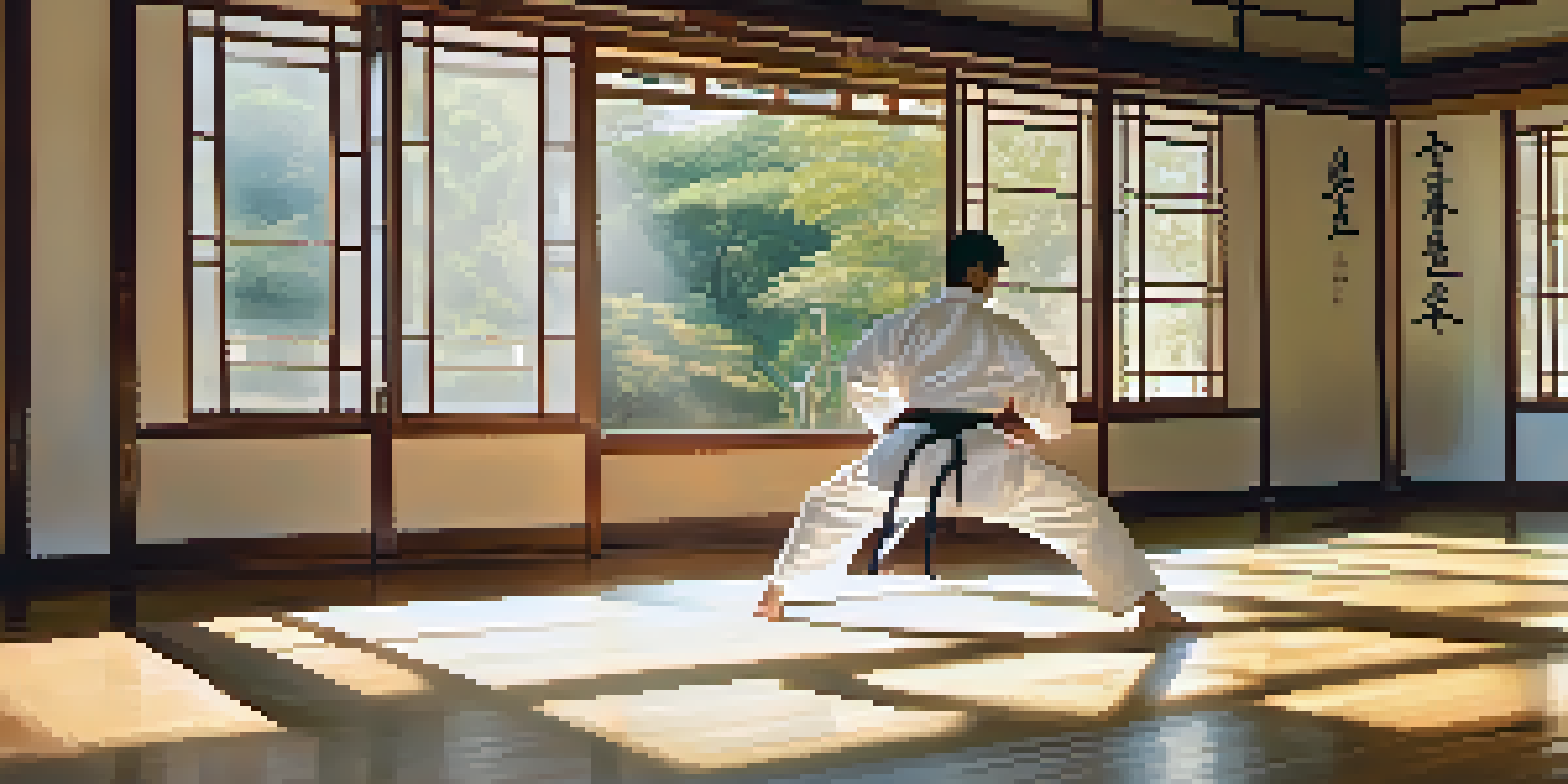 A martial arts practitioner in a white gi performing a kata in a tranquil dojo with wooden floors and soft morning light.