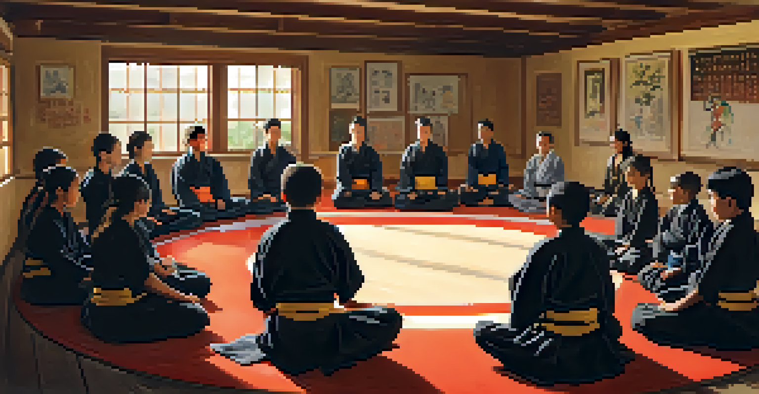 A martial arts instructor teaching students about respect and humility in a warm workshop environment.