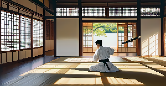 A martial artist practicing in a peaceful dojo, surrounded by traditional decor and natural light.