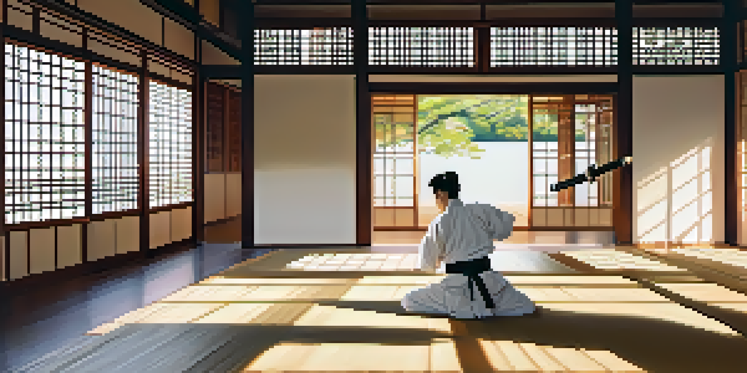 A martial artist practicing in a peaceful dojo, surrounded by traditional decor and natural light.