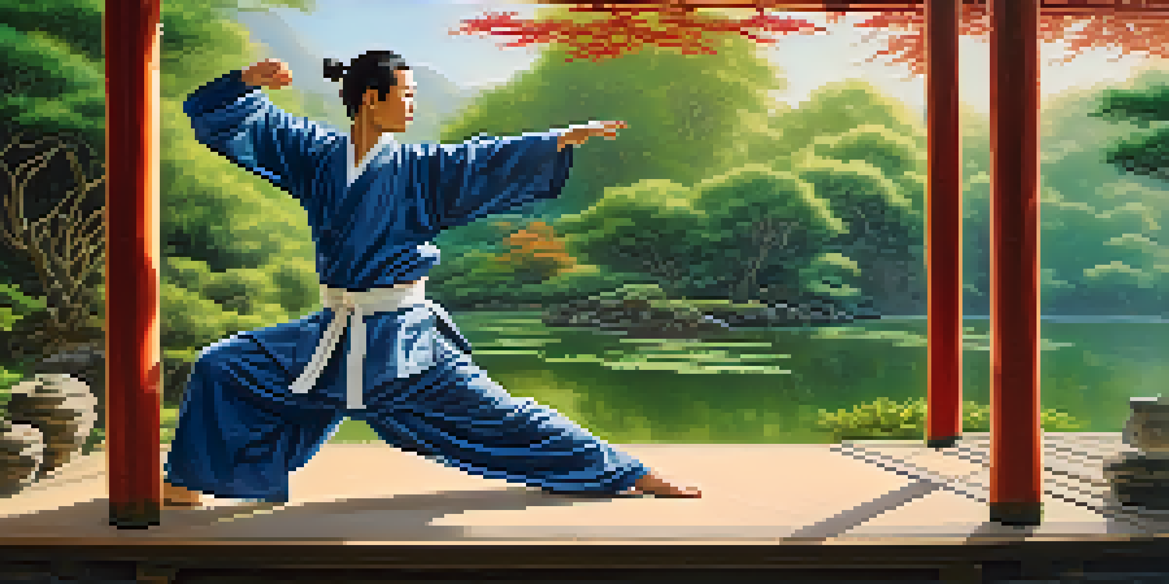 A martial arts practitioner in traditional attire performing Wushu poses in a peaceful outdoor setting surrounded by nature.