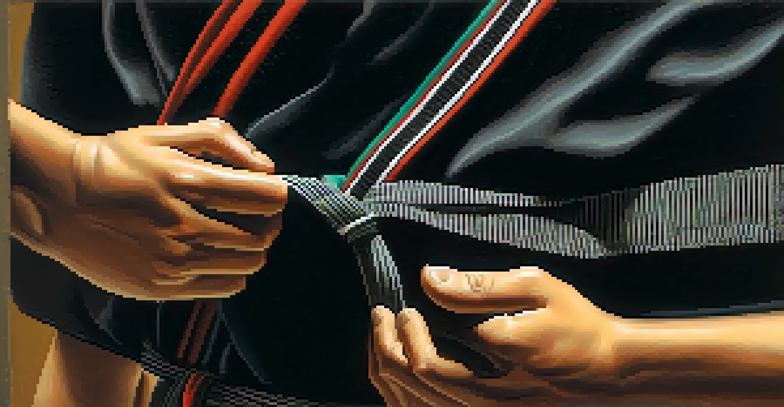Close-up of hands tying a black belt around a waist, symbolizing dedication in martial arts.