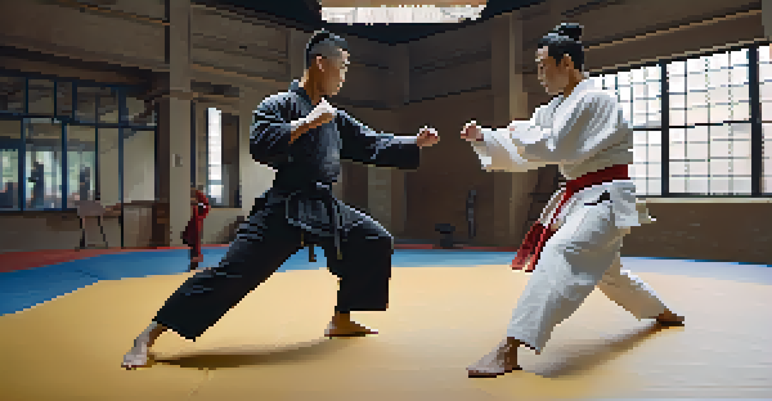 Two martial artists sparring with intense focus in a bright training environment.