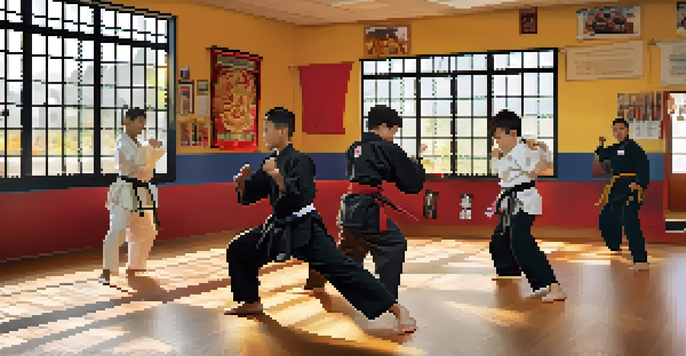 Students of various ethnicities practicing martial arts in a well-lit dojo, focusing intently on their techniques.