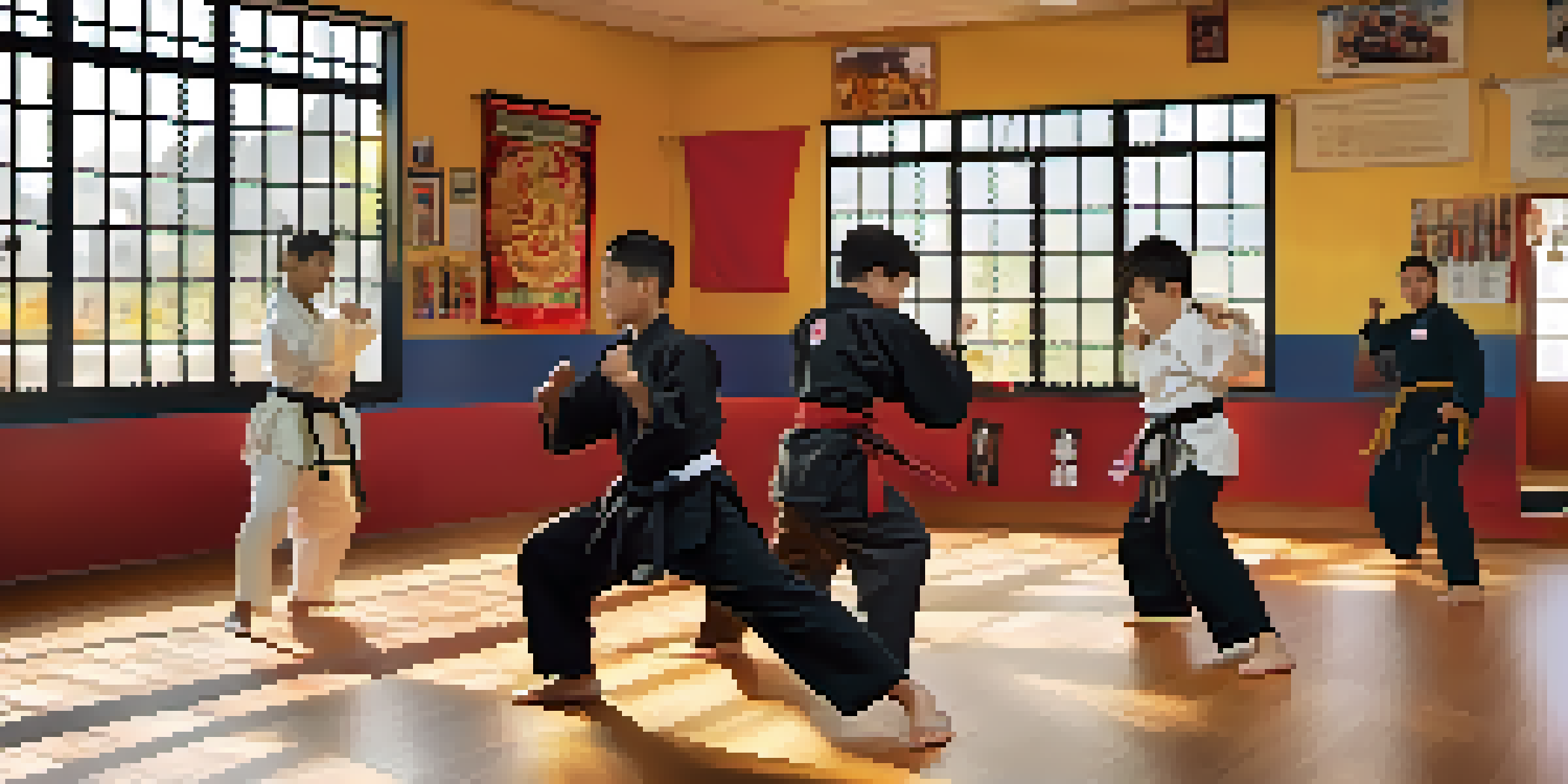Students of various ethnicities practicing martial arts in a well-lit dojo, focusing intently on their techniques.