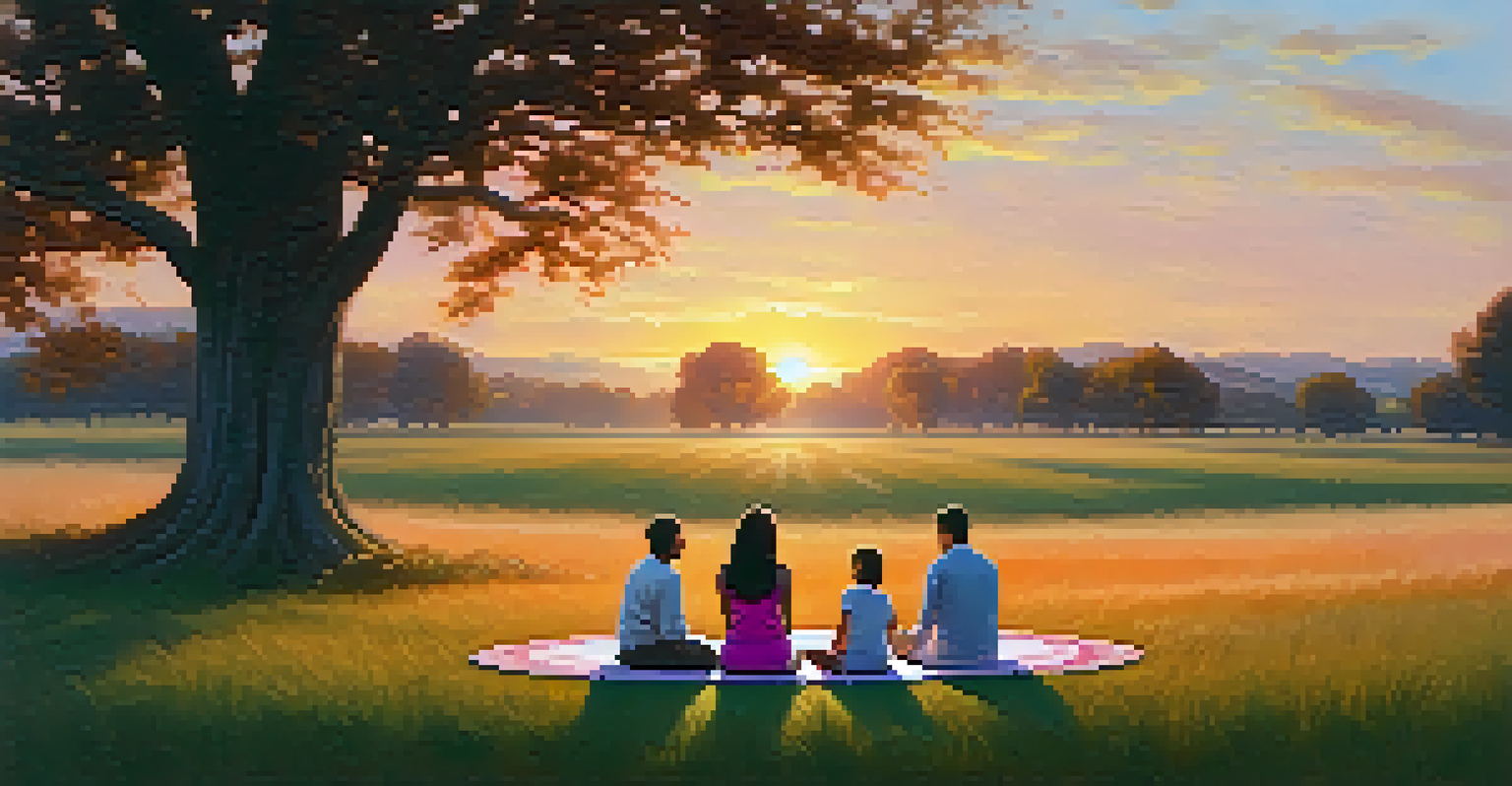 A family meditating together in a grassy field during sunset, surrounded by trees.