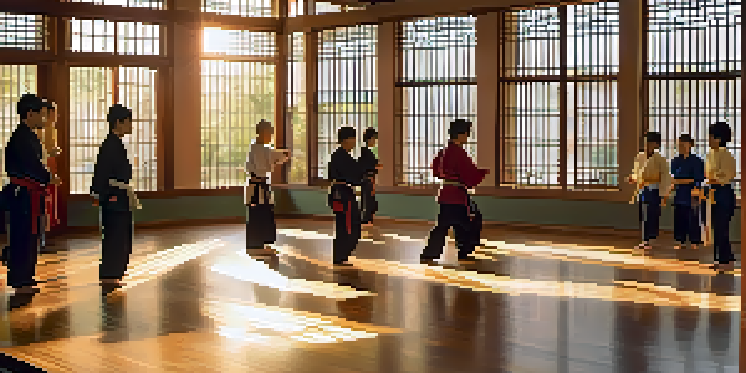 A peaceful dojo setting with diverse people practicing Tai Chi, bathed in warm sunlight with greenery outside.