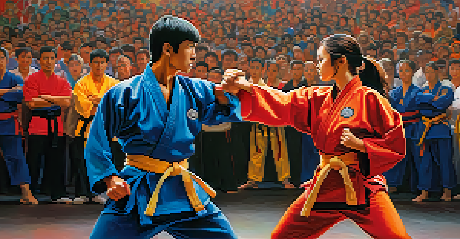 A close-up of a male and female martial artist in a competitive stance with intense expressions.